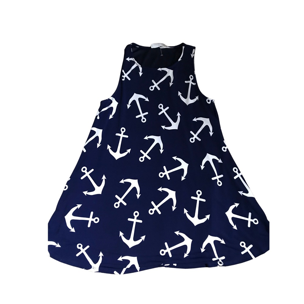 Peach Love California Navy Blue Anchor Print Sleeveless Swing Mini Dress Small
